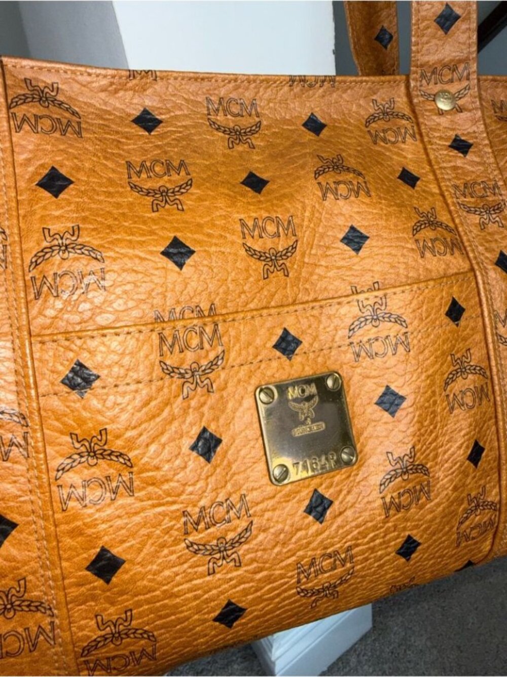 MCM Cognac Large Monogram Logo-Print Leather Shoulder Bag Tote Travel - Picture 3 of 9